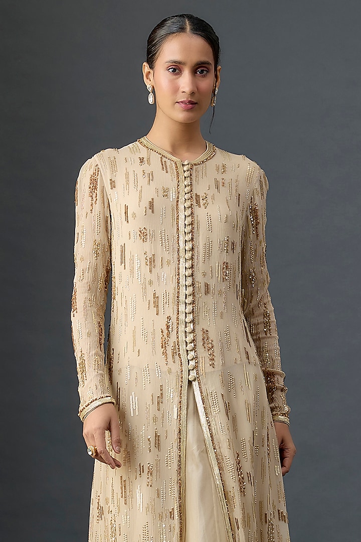 Mushroom Colored Silk Chiffon Sequins Embroidered Jacket Set by Nakul Sen at Pernia's Pop Up Shop