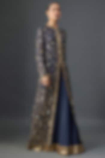 Navy Silk Chiffon Sequins Embroidered Jacket Set by Nakul Sen at Pernia's Pop Up Shop