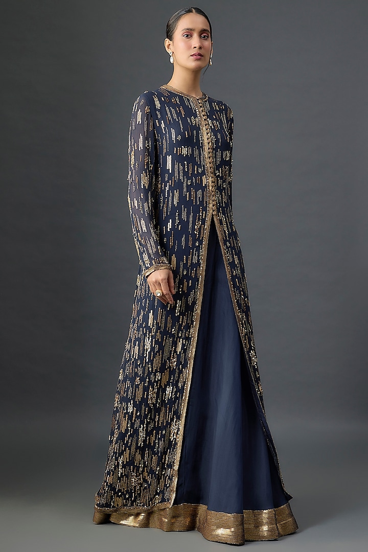 Navy Silk Chiffon Sequins Embroidered Jacket Set by Nakul Sen at Pernia's Pop Up Shop