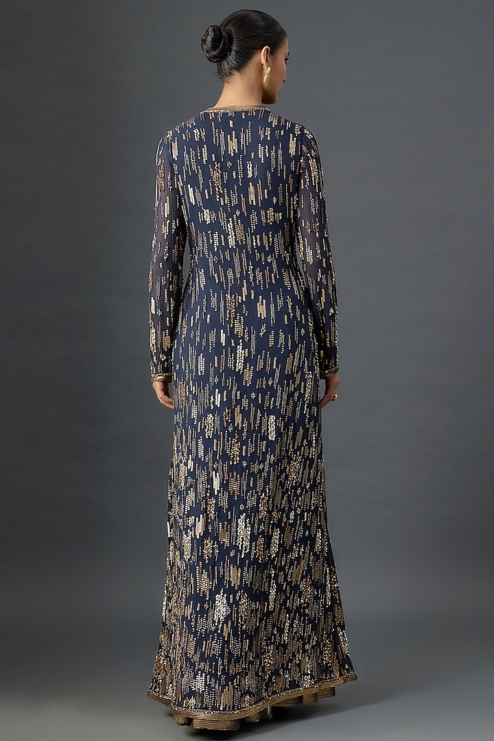 Navy Silk Chiffon Sequins Embroidered Jacket Set by Nakul Sen at Pernia's Pop Up Shop