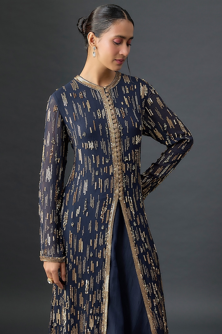 Navy Silk Chiffon Sequins Embroidered Jacket Set by Nakul Sen at Pernia's Pop Up Shop