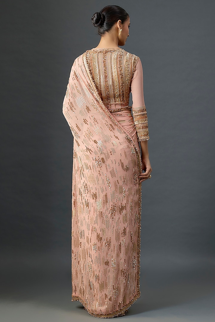Baby Pink Silk Chiffon Sequins Embroidered Reception Saree Set by Nakul Sen at Pernia's Pop Up Shop