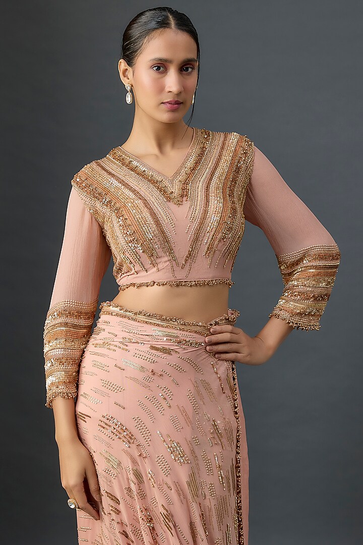 Baby Pink Silk Chiffon Sequins Embroidered Reception Saree Set by Nakul Sen at Pernia's Pop Up Shop