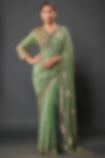 Jade Silk Chiffon Sequins Embroidered Reception Saree Set by Nakul Sen at Pernia's Pop Up Shop