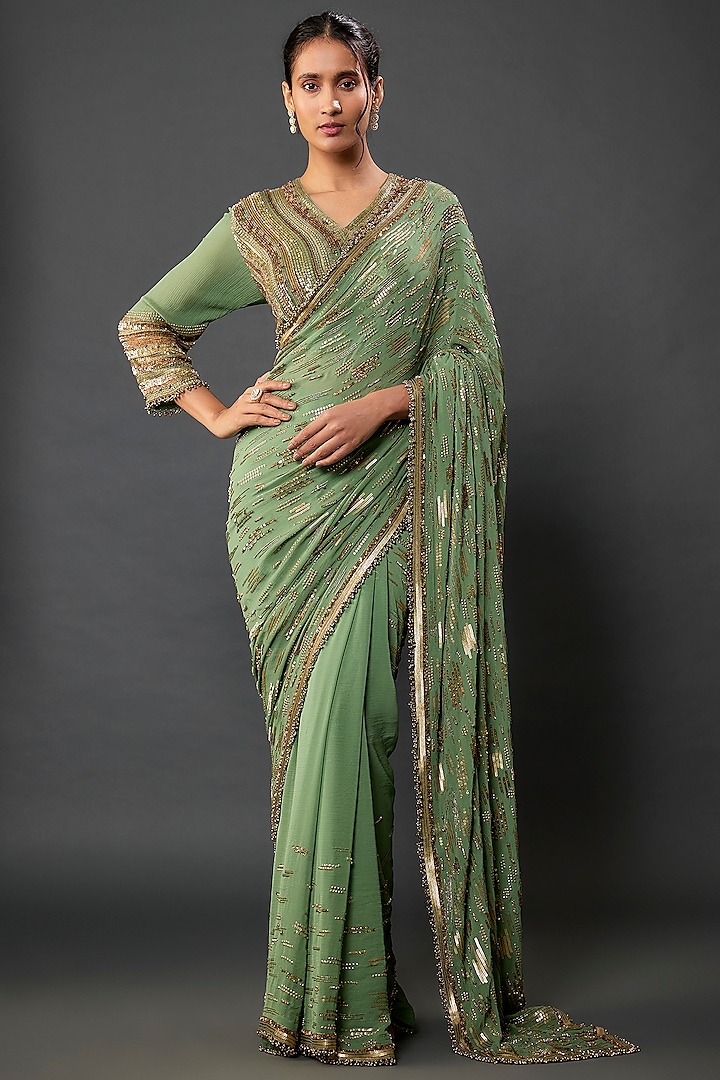 Jade Silk Chiffon Sequins Embroidered Reception Saree Set by Nakul Sen at Pernia's Pop Up Shop