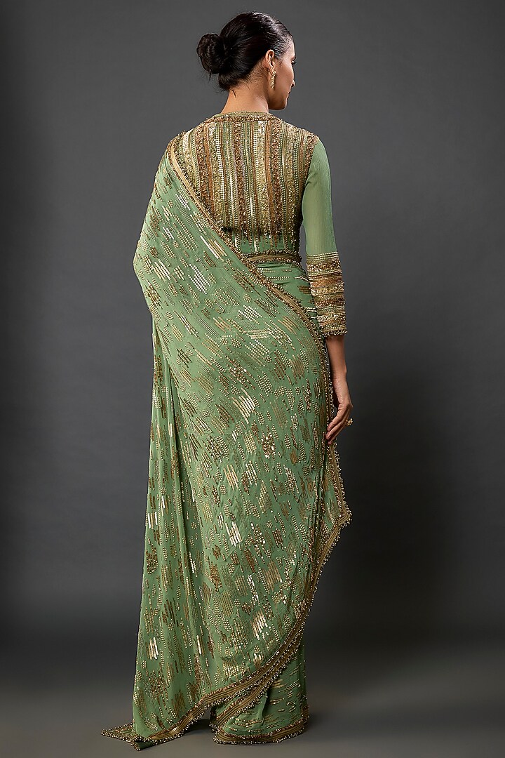 Jade Silk Chiffon Sequins Embroidered Reception Saree Set by Nakul Sen at Pernia's Pop Up Shop