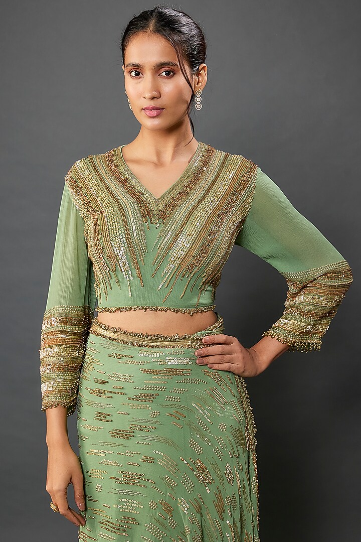 Jade Silk Chiffon Sequins Embroidered Reception Saree Set by Nakul Sen at Pernia's Pop Up Shop