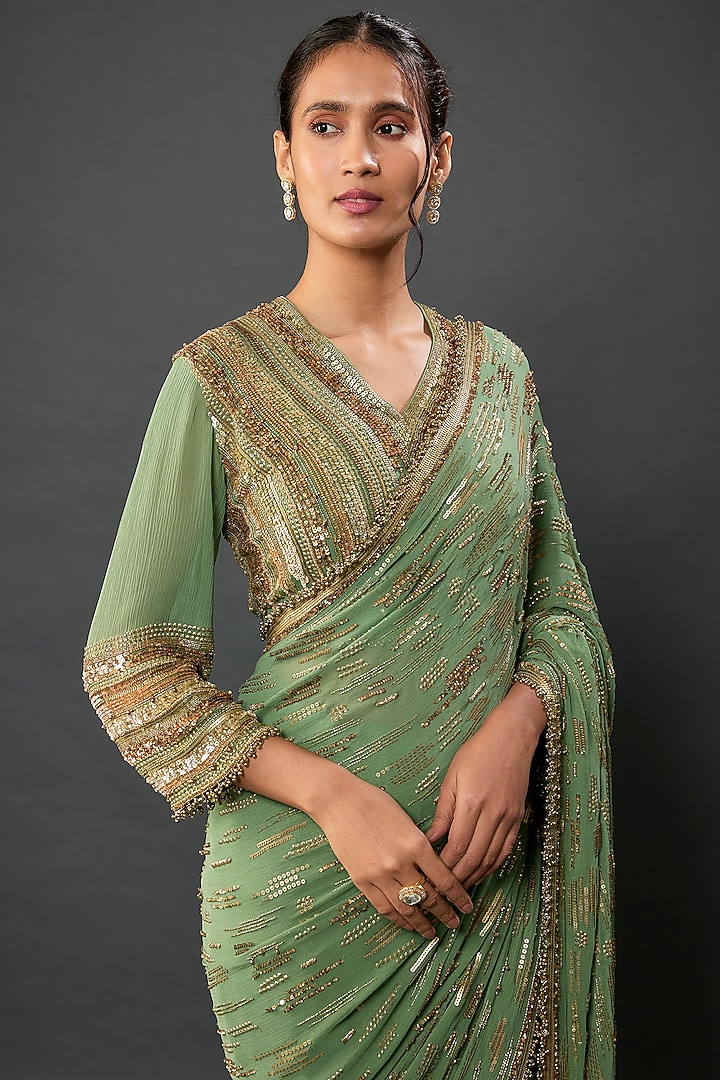 Jade Silk Chiffon Sequins Embroidered Reception Saree Set by Nakul Sen at Pernia's Pop Up Shop