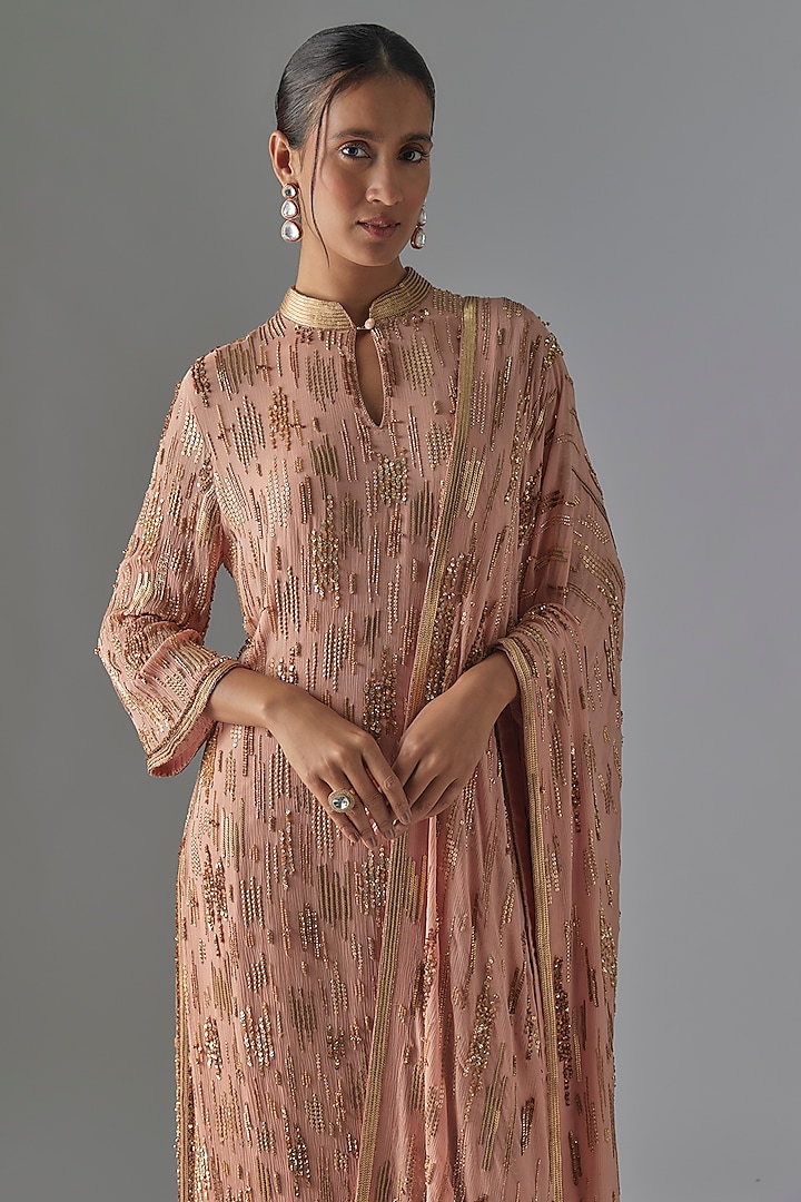 Blush Pink Chiffon Sequins Embroidered Kurta Set by Nakul Sen at Pernia's Pop Up Shop