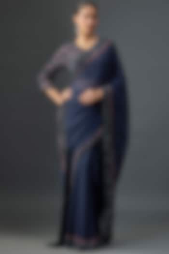 Navy Silk Chiffon Sequins Embroidered Reception Saree Set by Nakul Sen at Pernia's Pop Up Shop