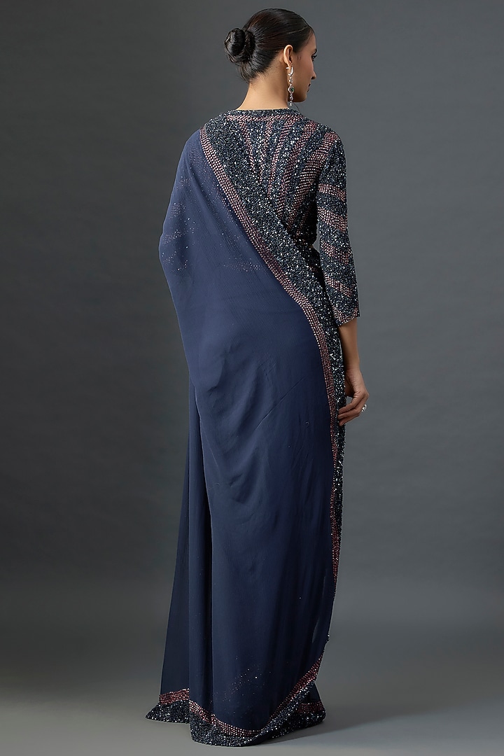 Navy Silk Chiffon Sequins Embroidered Reception Saree Set by Nakul Sen at Pernia's Pop Up Shop