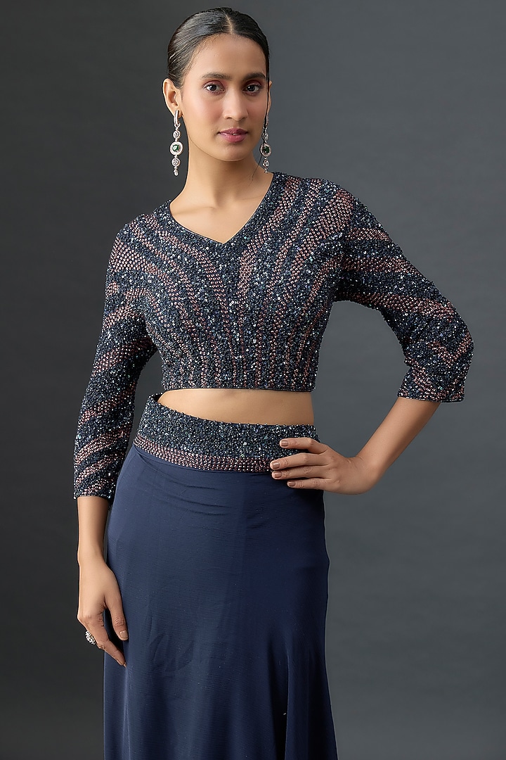 Navy Silk Chiffon Sequins Embroidered Reception Saree Set by Nakul Sen at Pernia's Pop Up Shop