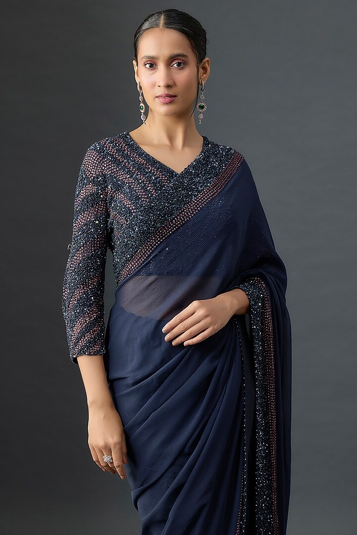 Navy Silk Chiffon Sequins Embroidered Reception Saree Set by Nakul Sen at Pernia's Pop Up Shop