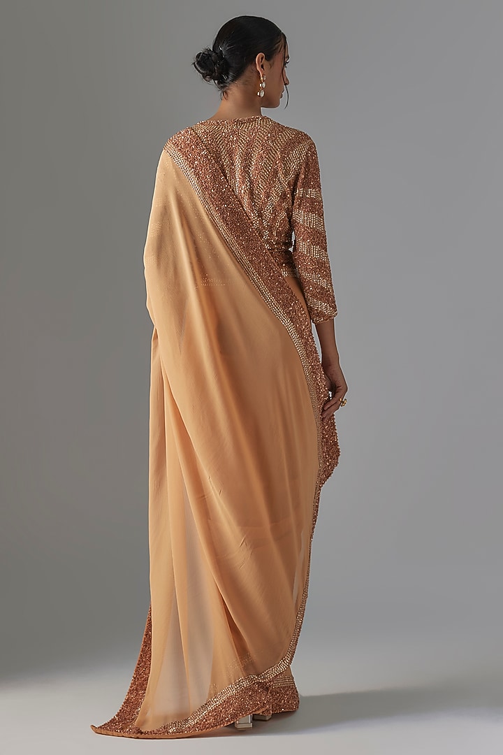 Peach Chiffon Sequins Embroidered Reception Saree Set by Nakul Sen at Pernia's Pop Up Shop