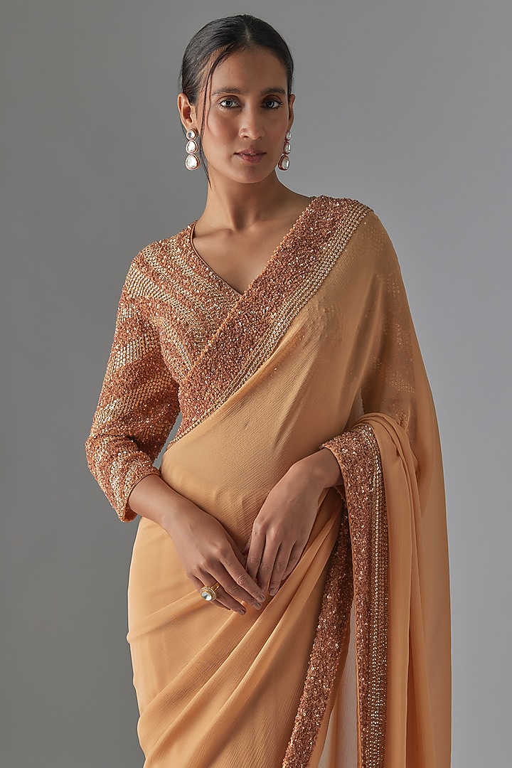 Peach Chiffon Sequins Embroidered Reception Saree Set by Nakul Sen at Pernia's Pop Up Shop