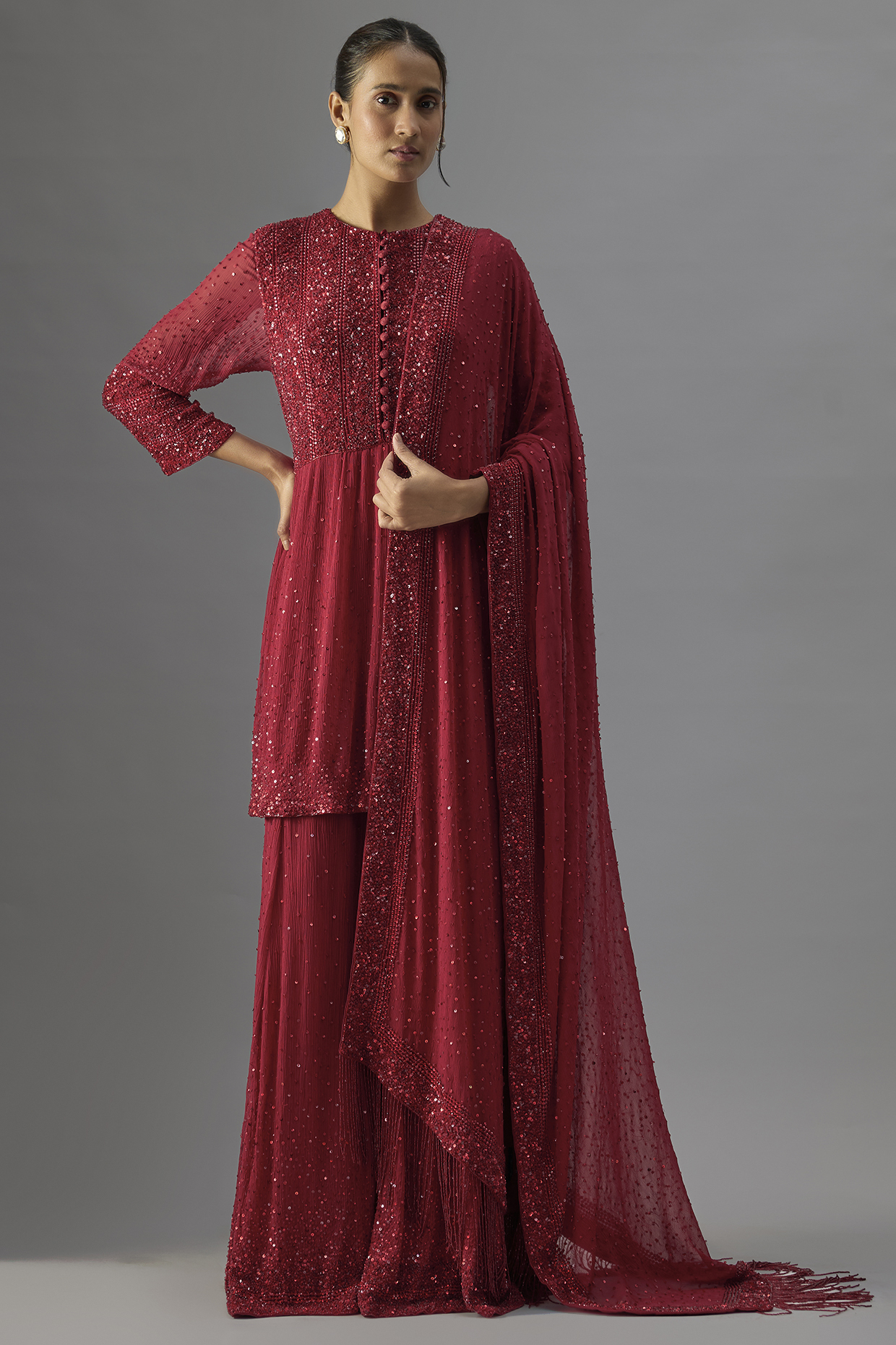 Red Chiffon Sequins Embroidered Bridal Sharara Set by Nakul Sen at Pernia's Pop Up Shop