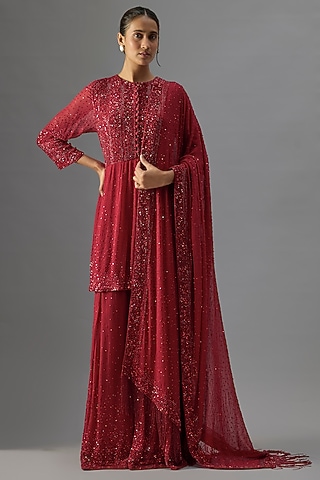 Red Chiffon Sequins Embroidered Sharara Set by Nakul Sen