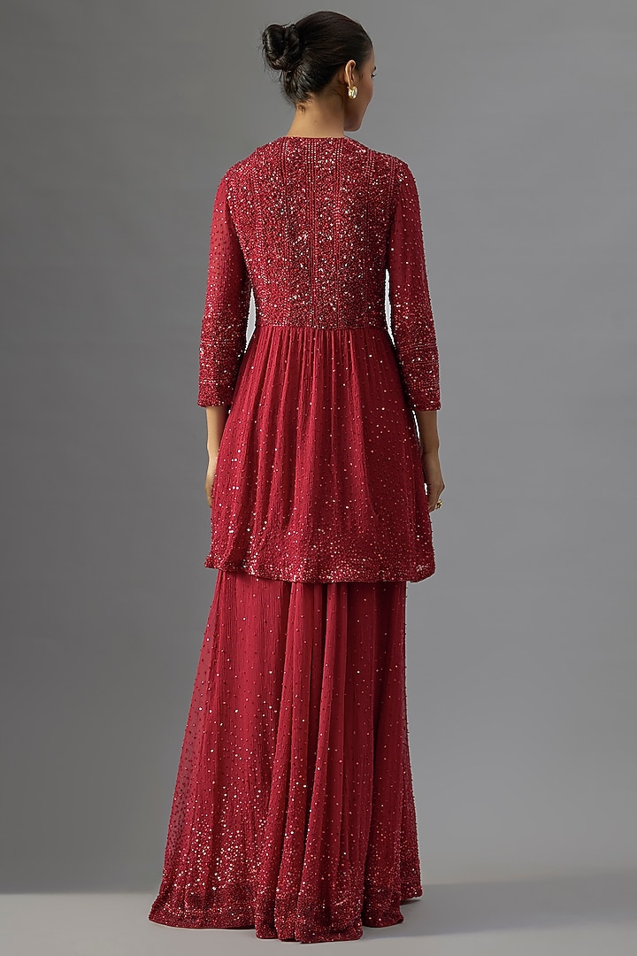Red Chiffon Sequins Embroidered Bridal Sharara Set by Nakul Sen at Pernia's Pop Up Shop