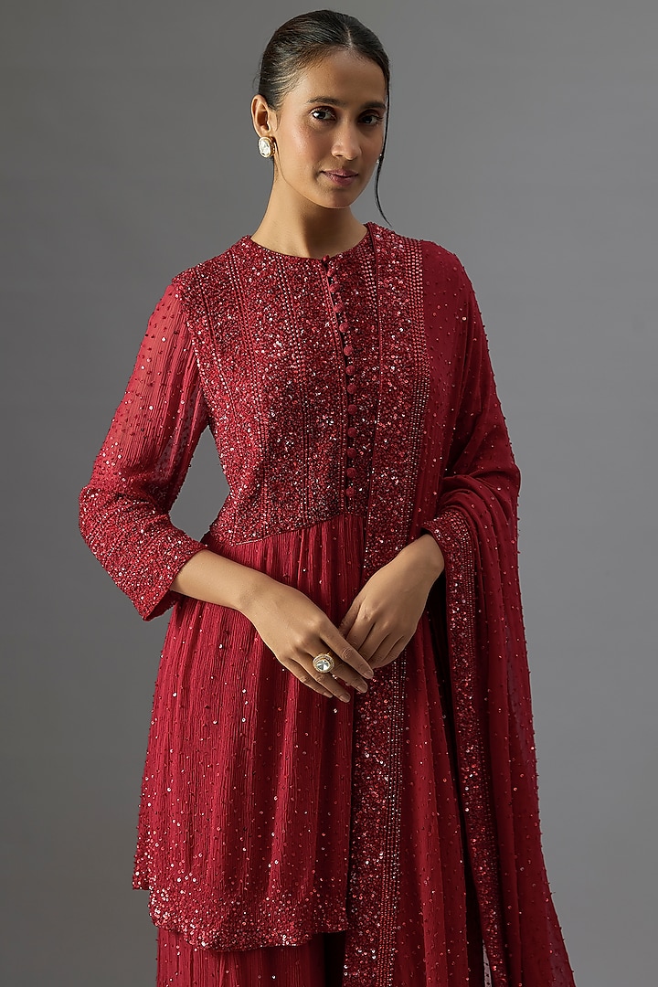 Red Chiffon Sequins Embroidered Bridal Sharara Set by Nakul Sen at Pernia's Pop Up Shop