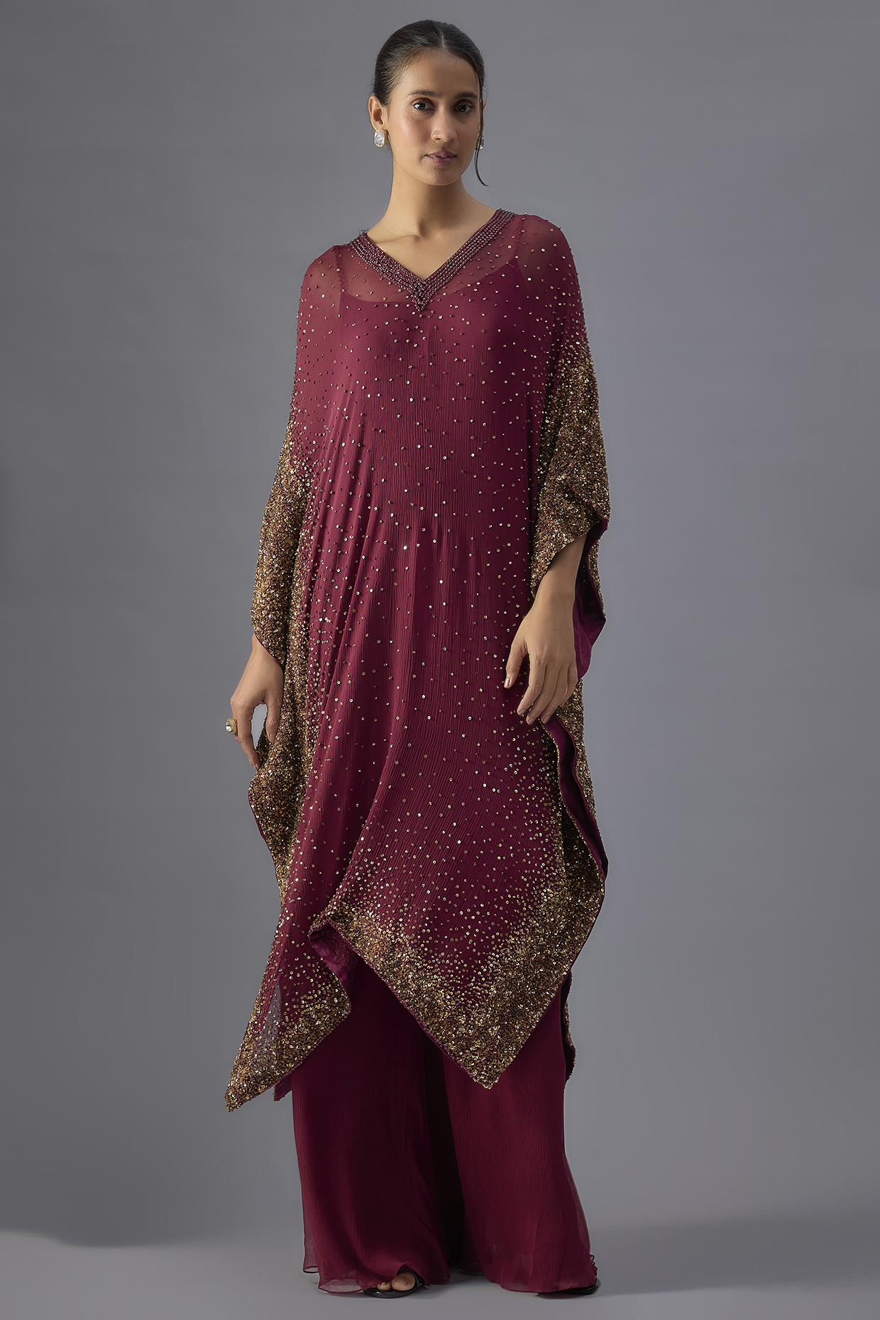 Wine Chiffon Sequins Embroidered Kaftan Set by Nakul Sen at Pernia's Pop Up Shop