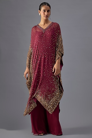 Wine Chiffon Sequins Embroidered Kaftan Set by Nakul Sen