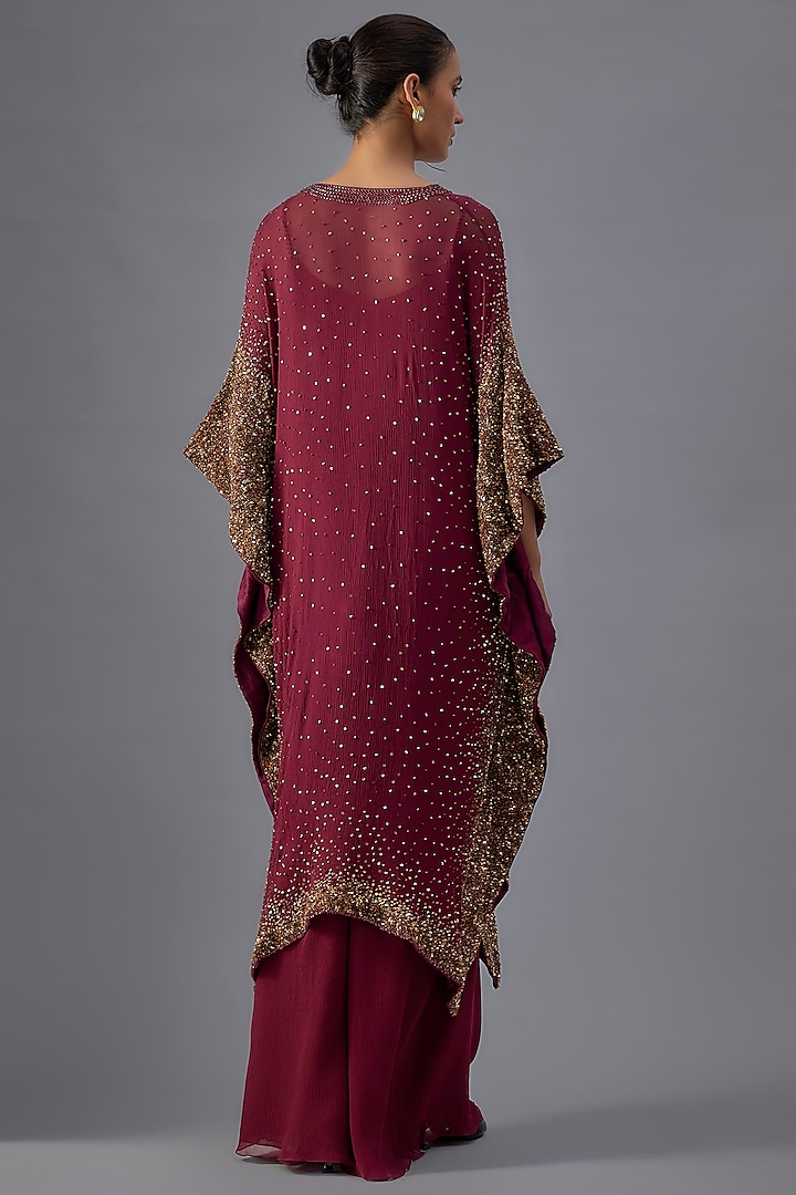 Wine Chiffon Sequins Embroidered Kaftan Set by Nakul Sen at Pernia's Pop Up Shop