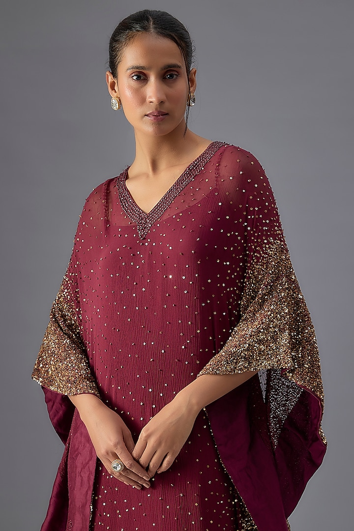 Wine Chiffon Sequins Embroidered Kaftan Set by Nakul Sen at Pernia's Pop Up Shop