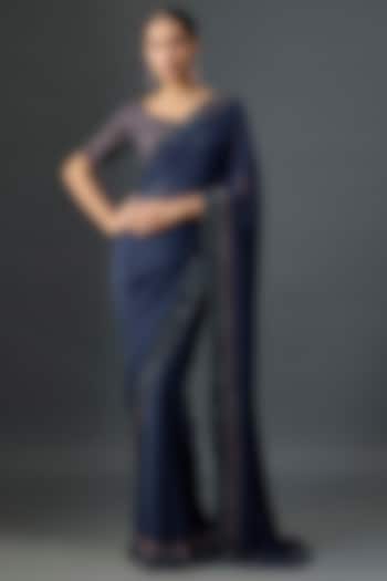 Navy Silk Chiffon Sequins Embroidered Reception Saree Set by Nakul Sen at Pernia's Pop Up Shop