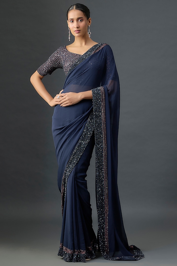 Navy Silk Chiffon Sequins Embroidered Reception Saree Set by Nakul Sen at Pernia's Pop Up Shop