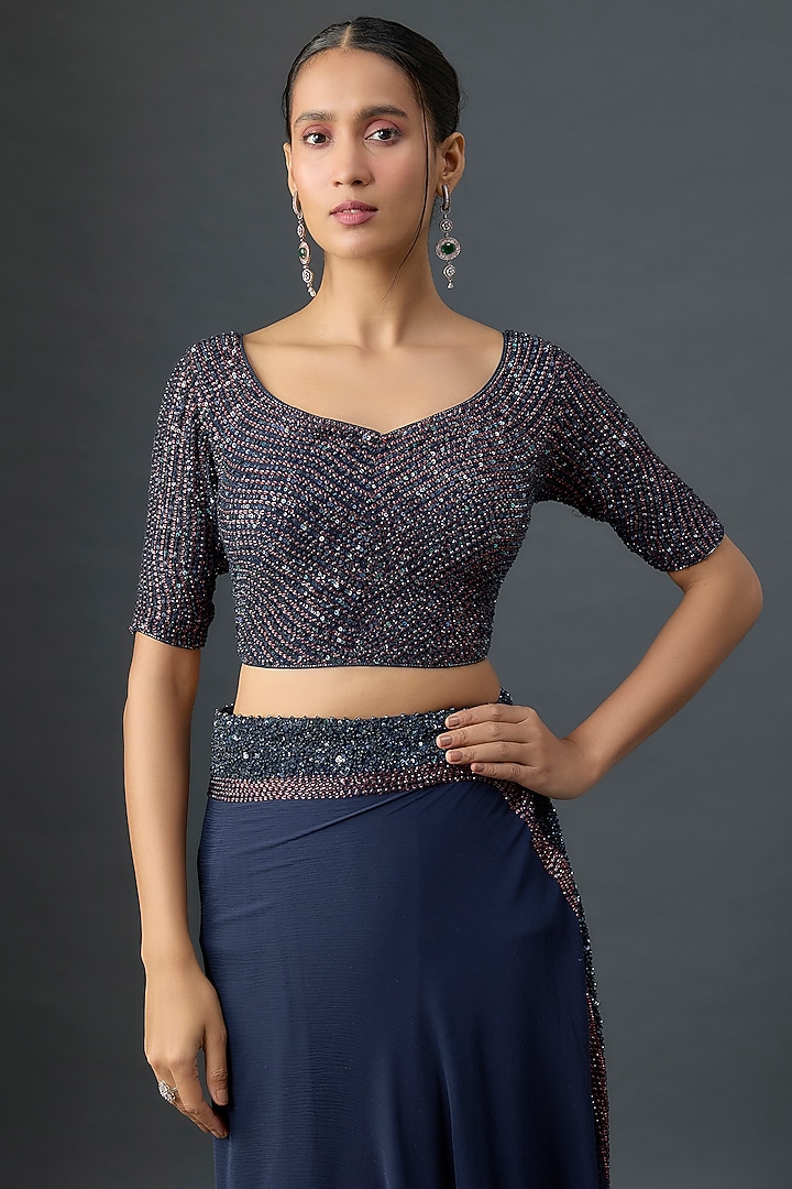 Navy Silk Chiffon Sequins Embroidered Reception Saree Set by Nakul Sen at Pernia's Pop Up Shop