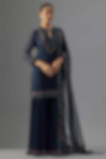 Navy Chiffon Sequins Embroidered Gharara Set by Nakul Sen at Pernia's Pop Up Shop