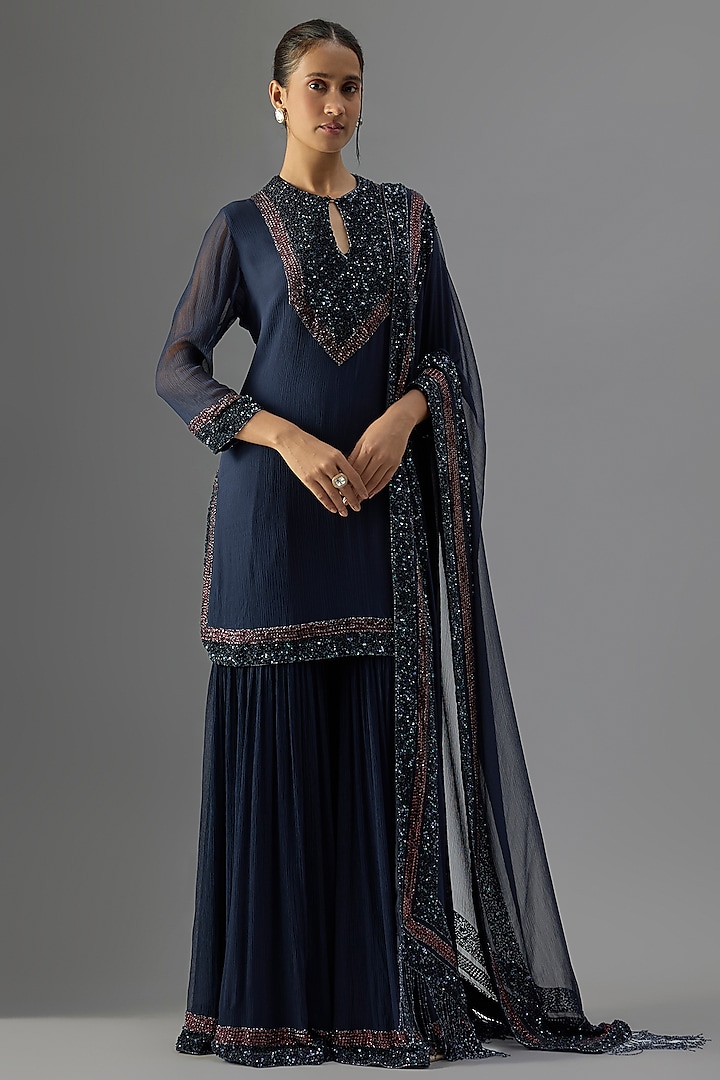 Navy Chiffon Sequins Embroidered Gharara Set by Nakul Sen at Pernia's Pop Up Shop