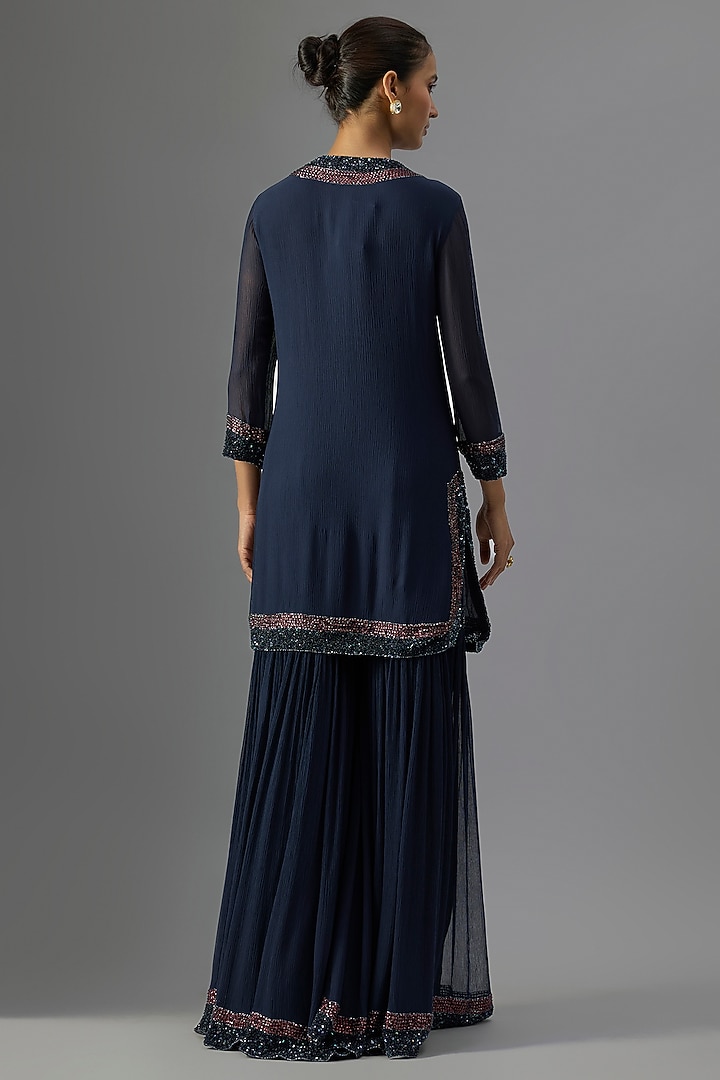 Navy Chiffon Sequins Embroidered Gharara Set by Nakul Sen at Pernia's Pop Up Shop