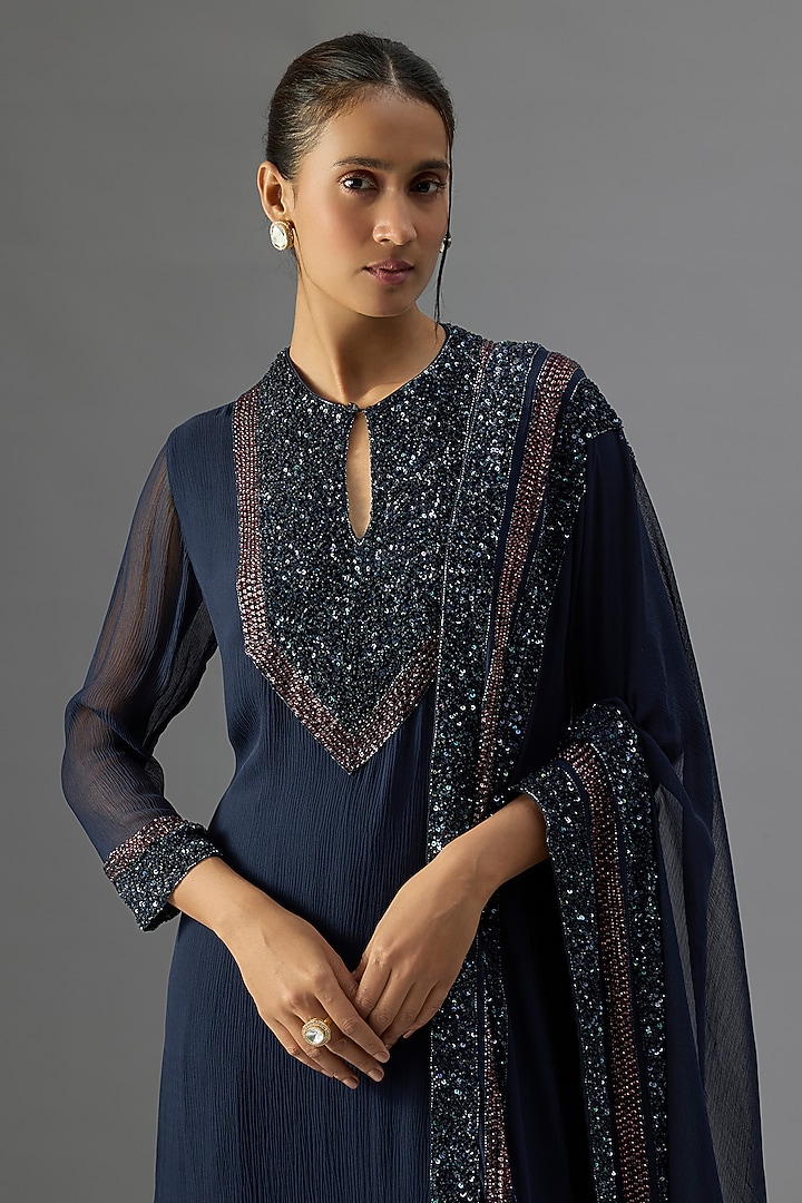 Navy Chiffon Sequins Embroidered Gharara Set by Nakul Sen at Pernia's Pop Up Shop