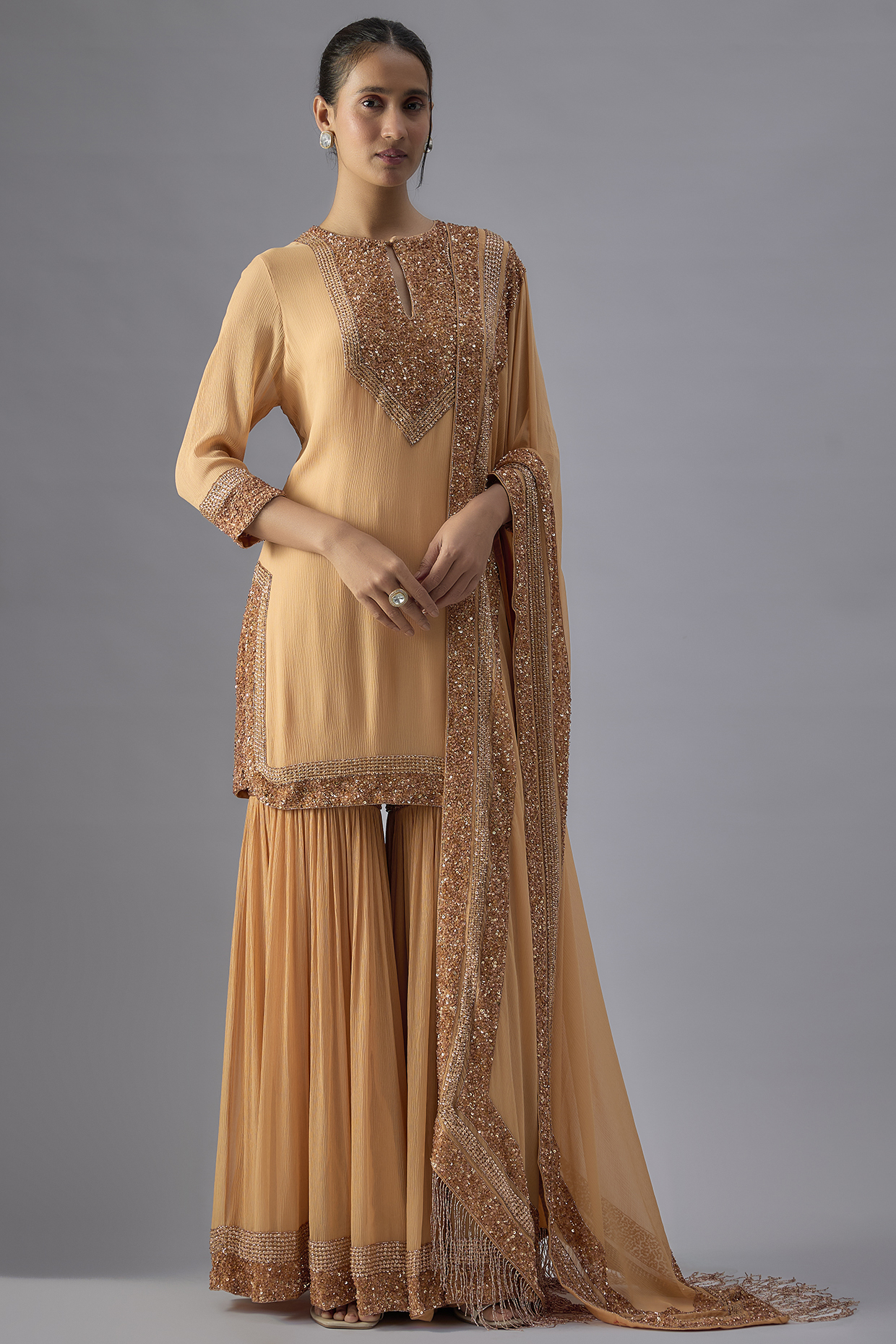 Peach Chiffon Sequins Embroidered Gharara Set by Nakul Sen at Pernia's Pop Up Shop
