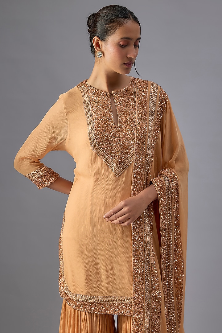 Peach Chiffon Sequins Embroidered Gharara Set by Nakul Sen at Pernia's Pop Up Shop