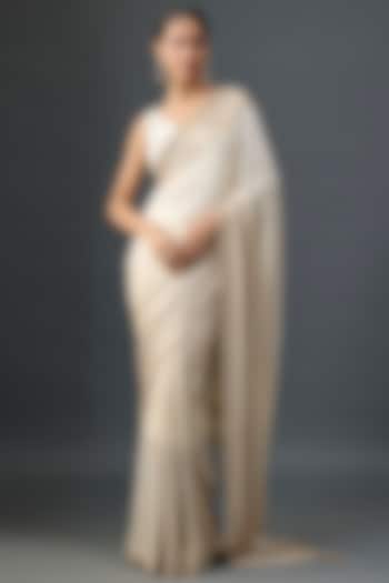 Ivory Silk Chiffon Sequins Embroidered Bridal Saree Set by Nakul Sen at Pernia's Pop Up Shop