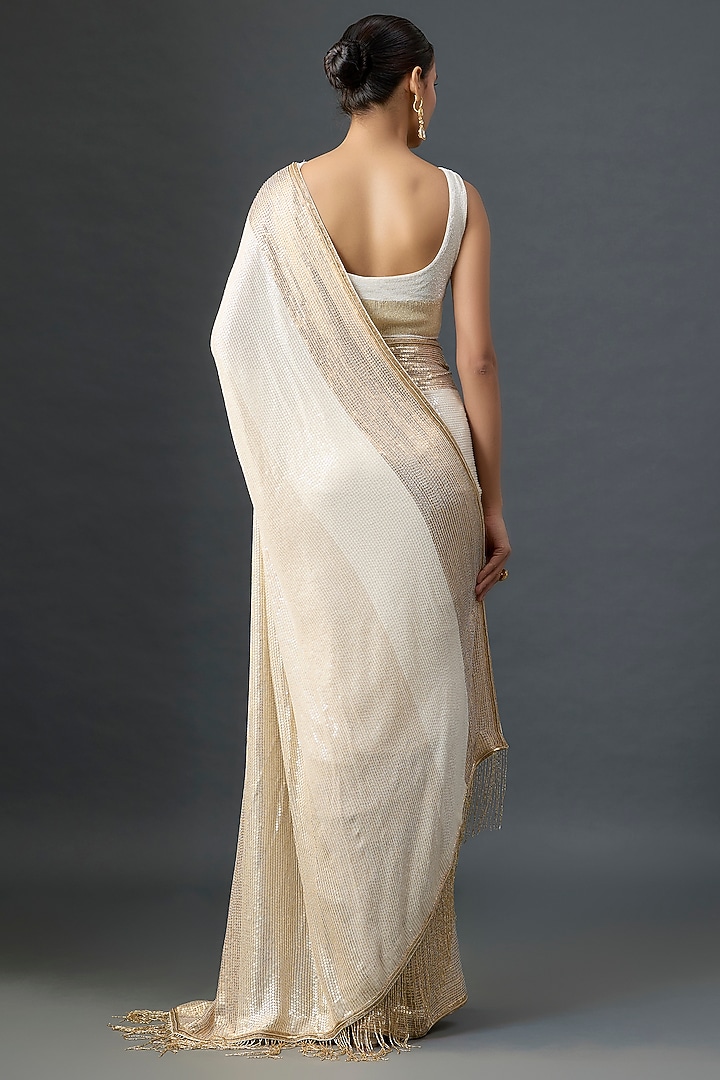 Ivory Silk Chiffon Sequins Embroidered Bridal Saree Set by Nakul Sen at Pernia's Pop Up Shop
