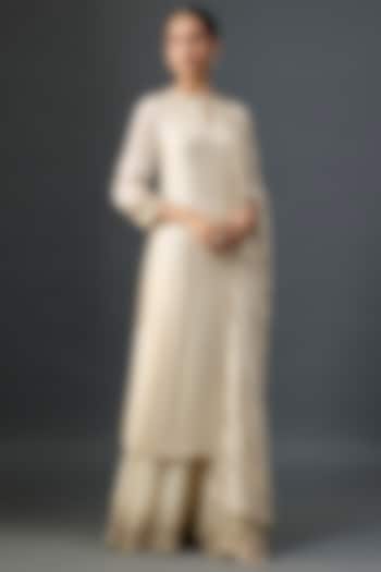Ivory Silk Chiffon Sequins Embroidered Kurta Set by Nakul Sen at Pernia's Pop Up Shop