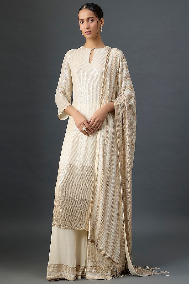 Ivory Silk Chiffon Sequins Embroidered Kurta Set by Nakul Sen at Pernia's Pop Up Shop