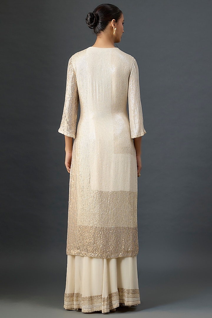 Ivory Silk Chiffon Sequins Embroidered Kurta Set by Nakul Sen at Pernia's Pop Up Shop
