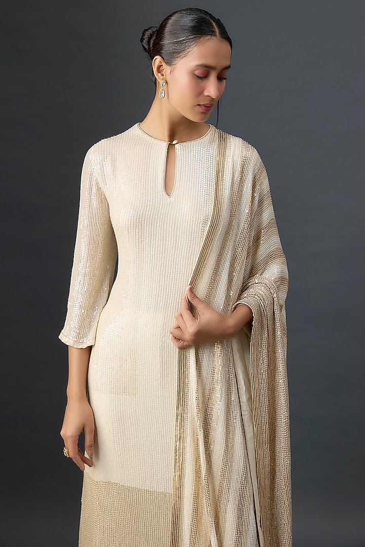 Ivory Silk Chiffon Sequins Embroidered Kurta Set by Nakul Sen at Pernia's Pop Up Shop