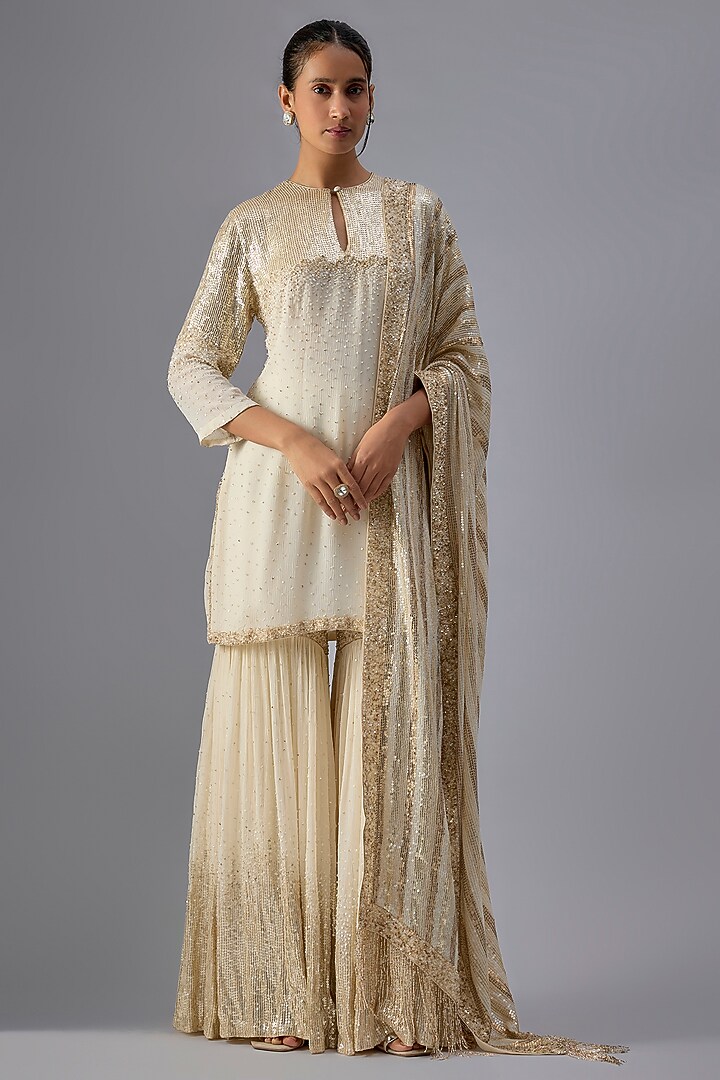 Ivory Chiffon Sequins Embroidered Gharara Set by Nakul Sen at Pernia's Pop Up Shop