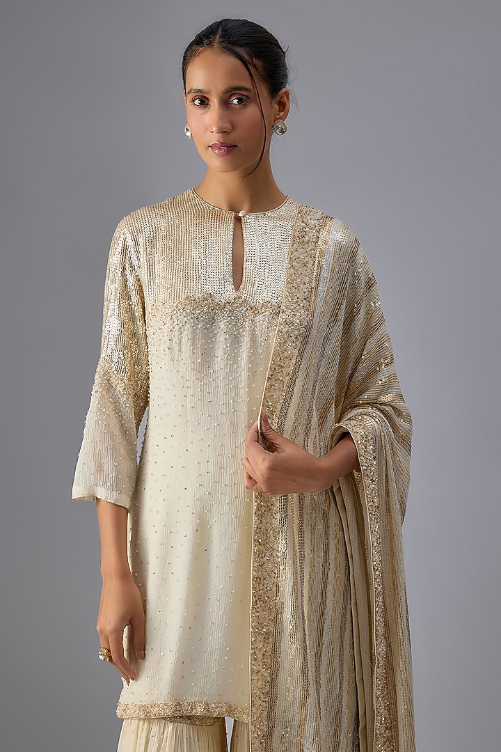 Ivory Chiffon Sequins Embroidered Gharara Set by Nakul Sen at Pernia's Pop Up Shop
