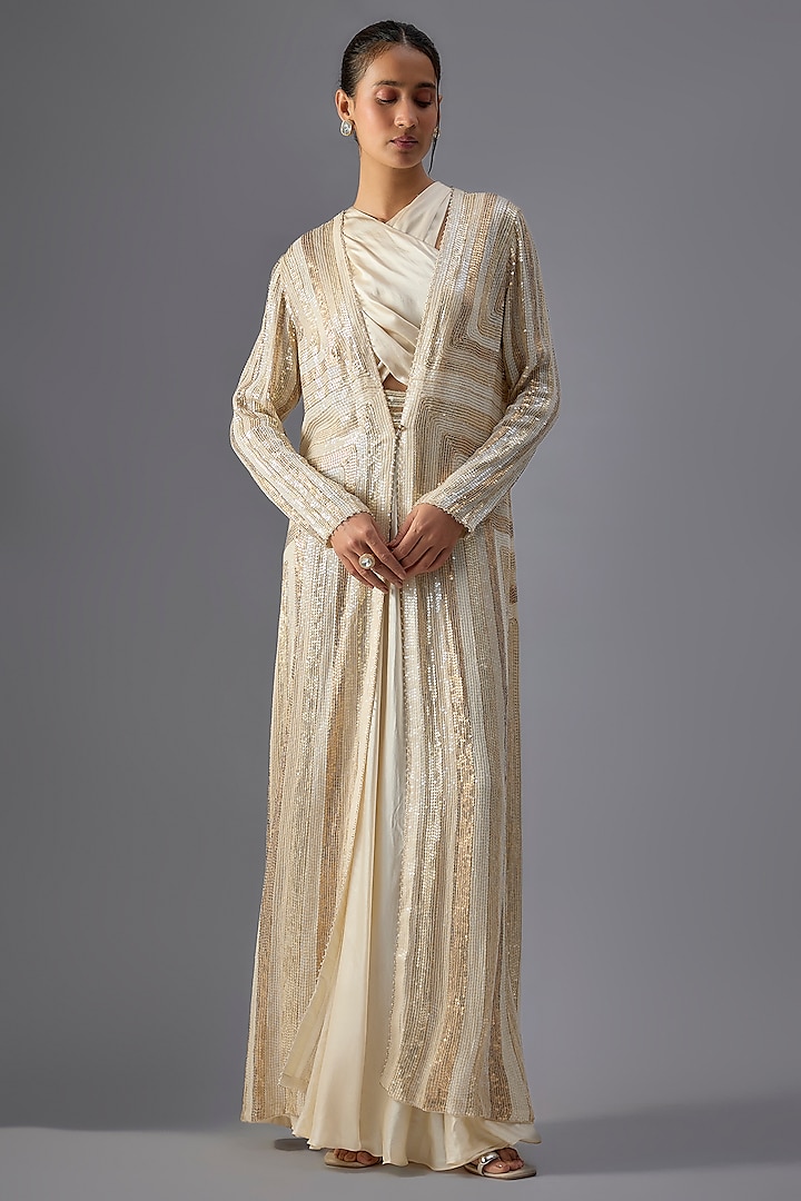 Ivory Chiffon Sequins Embroidered Bridal Gown With Jacket by Nakul Sen at Pernia's Pop Up Shop