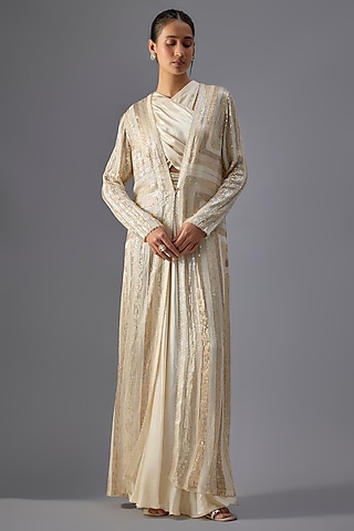 Ivory Chiffon Sequins Embroidered Gown With Jacket by Nakul Sen