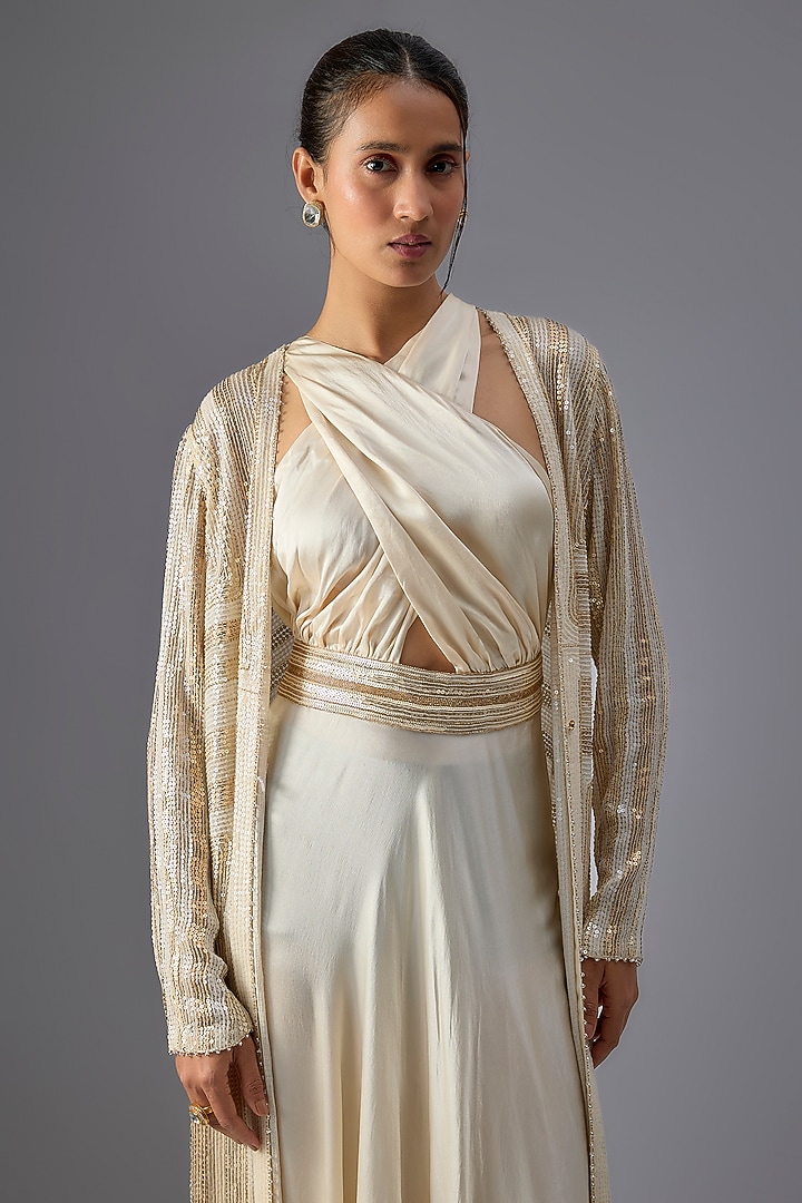 Ivory Chiffon Sequins Embroidered Bridal Gown With Jacket by Nakul Sen at Pernia's Pop Up Shop