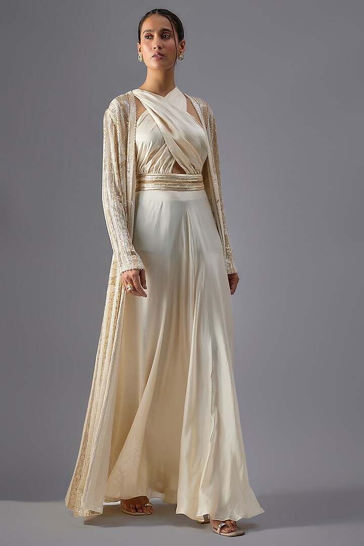 Ivory Chiffon Sequins Embroidered Bridal Gown With Jacket by Nakul Sen at Pernia's Pop Up Shop