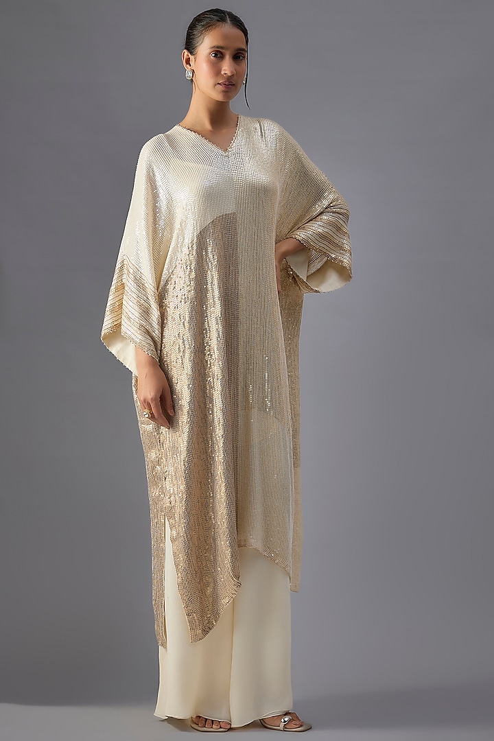 Ivory Chiffon Sequins Embroidered Kaftan Set by Nakul Sen at Pernia's Pop Up Shop