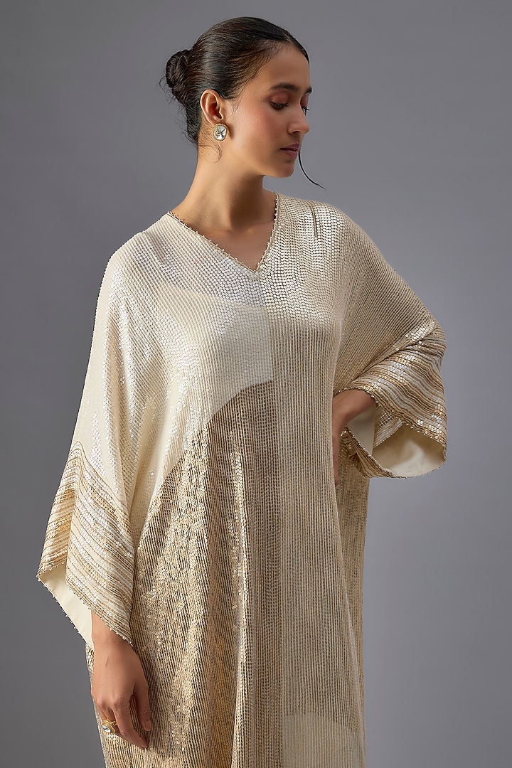Ivory Chiffon Sequins Embroidered Kaftan Set by Nakul Sen at Pernia's Pop Up Shop
